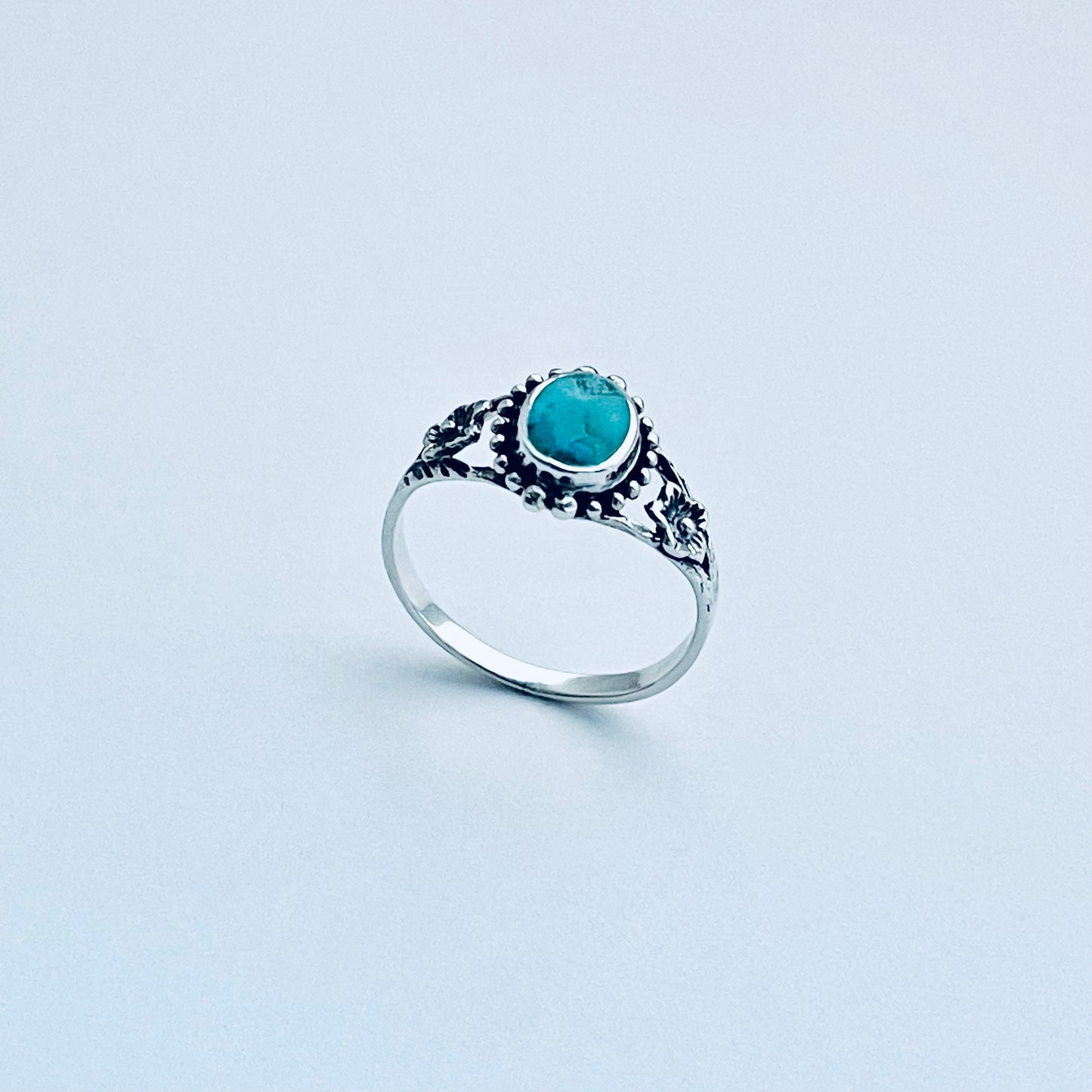 Sterling Silver Oval Genuine Turquoise Ring with Flowers, Dainty Rings, Stone Jewelry