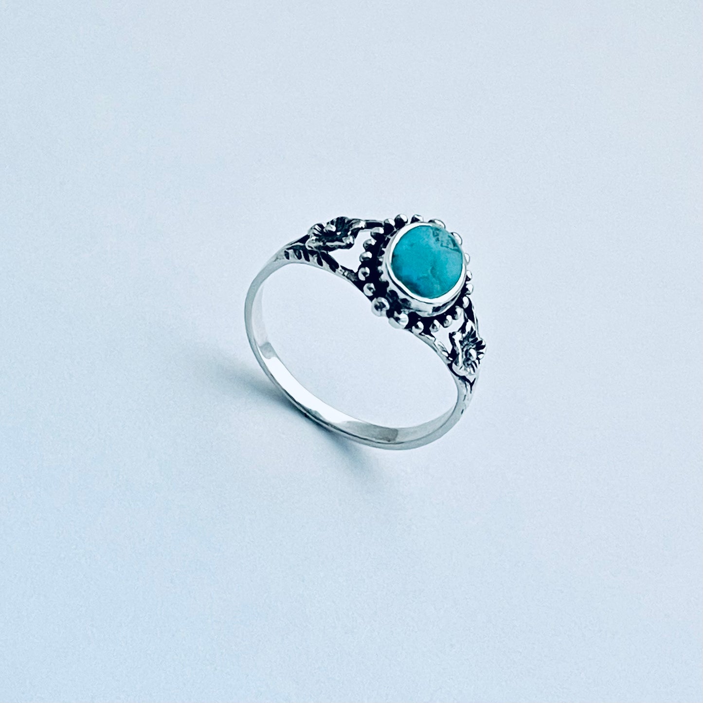 Sterling Silver Oval Genuine Turquoise Ring with Flowers, Dainty Rings, Stone Jewelry