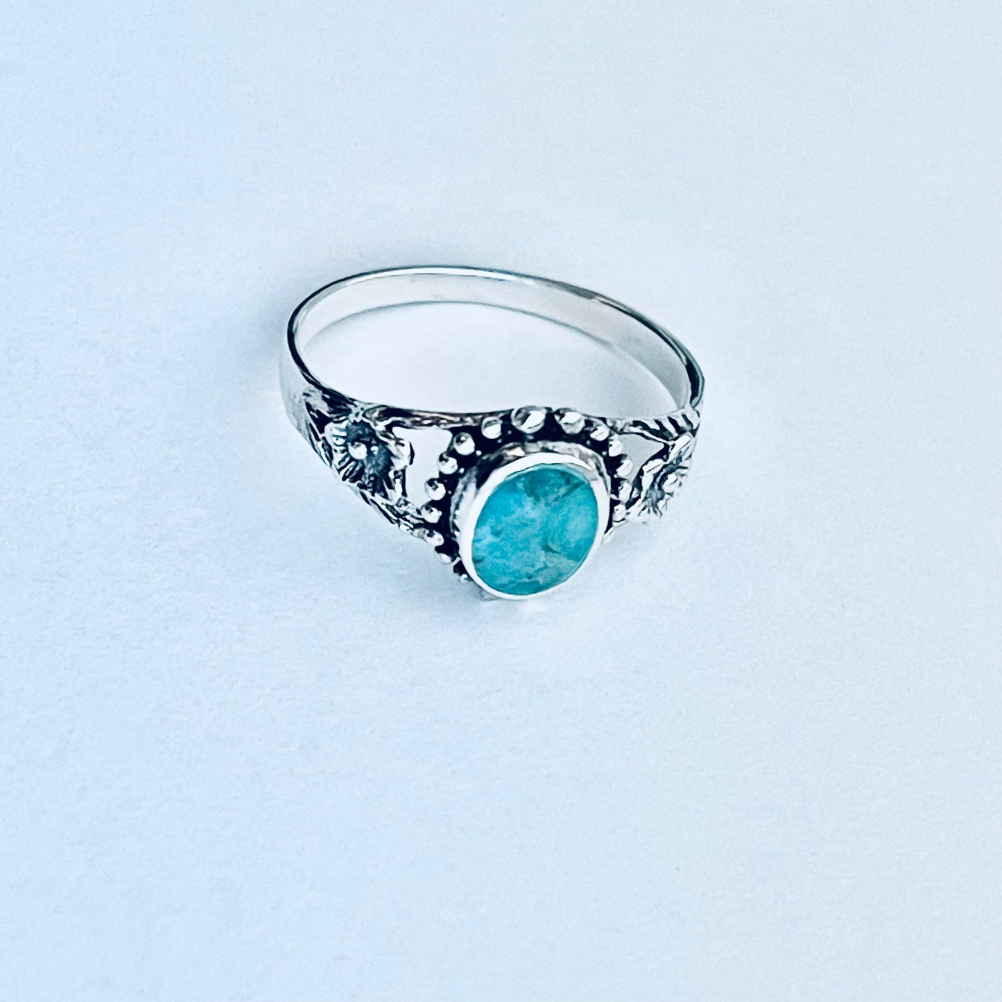 Sterling Silver Oval Genuine Turquoise Ring with Flowers, Dainty Rings, Stone Jewelry