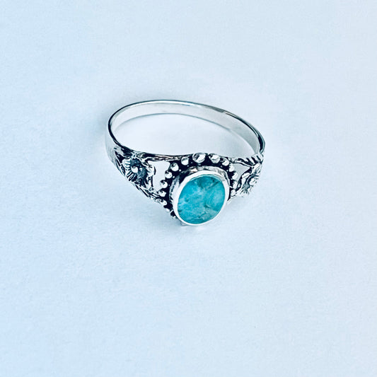 Sterling Silver Oval Genuine Turquoise Ring with Flowers, Dainty Rings, Stone Jewelry