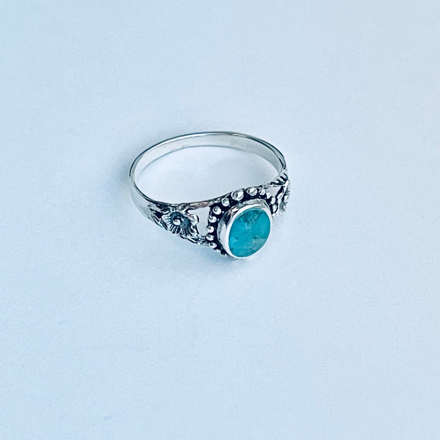 Sterling Silver Oval Genuine Turquoise Ring with Flowers, Dainty Rings, Stone Jewelry
