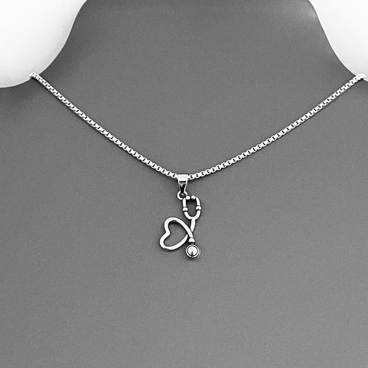 Sterling Silver Heart Stethoscope Necklace, Doctor Nurse Necklaces, Hearts, Silver Chain