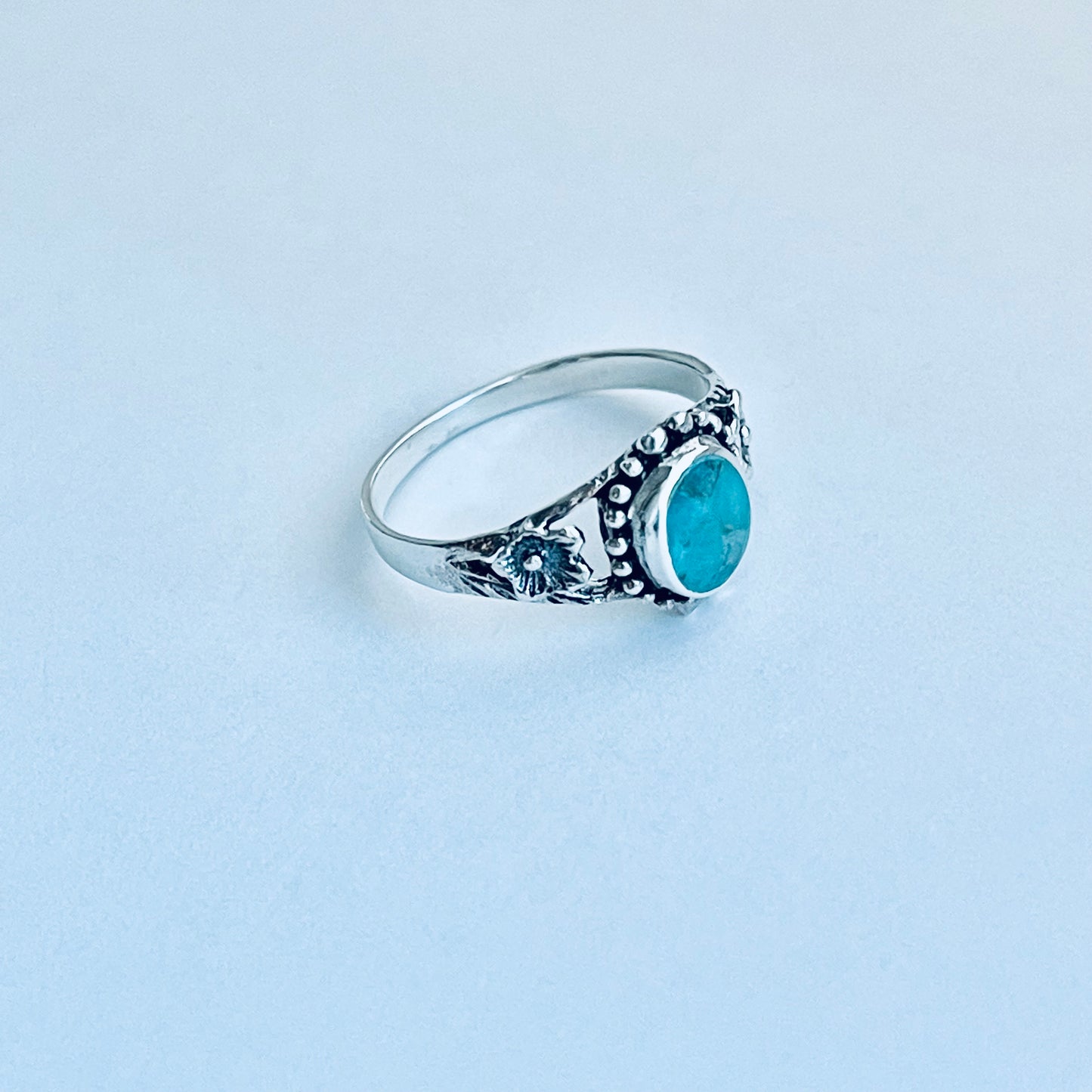 Sterling Silver Oval Genuine Turquoise Ring with Flowers, Dainty Rings, Stone Jewelry