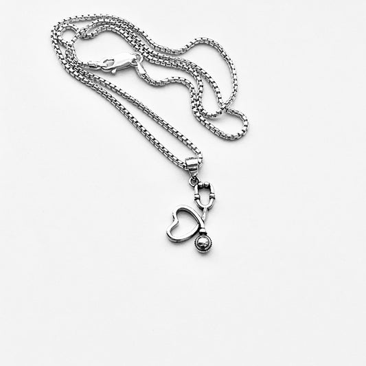 Sterling Silver Heart Stethoscope Necklace, Doctor Nurse Necklaces, Hearts, Silver Chain
