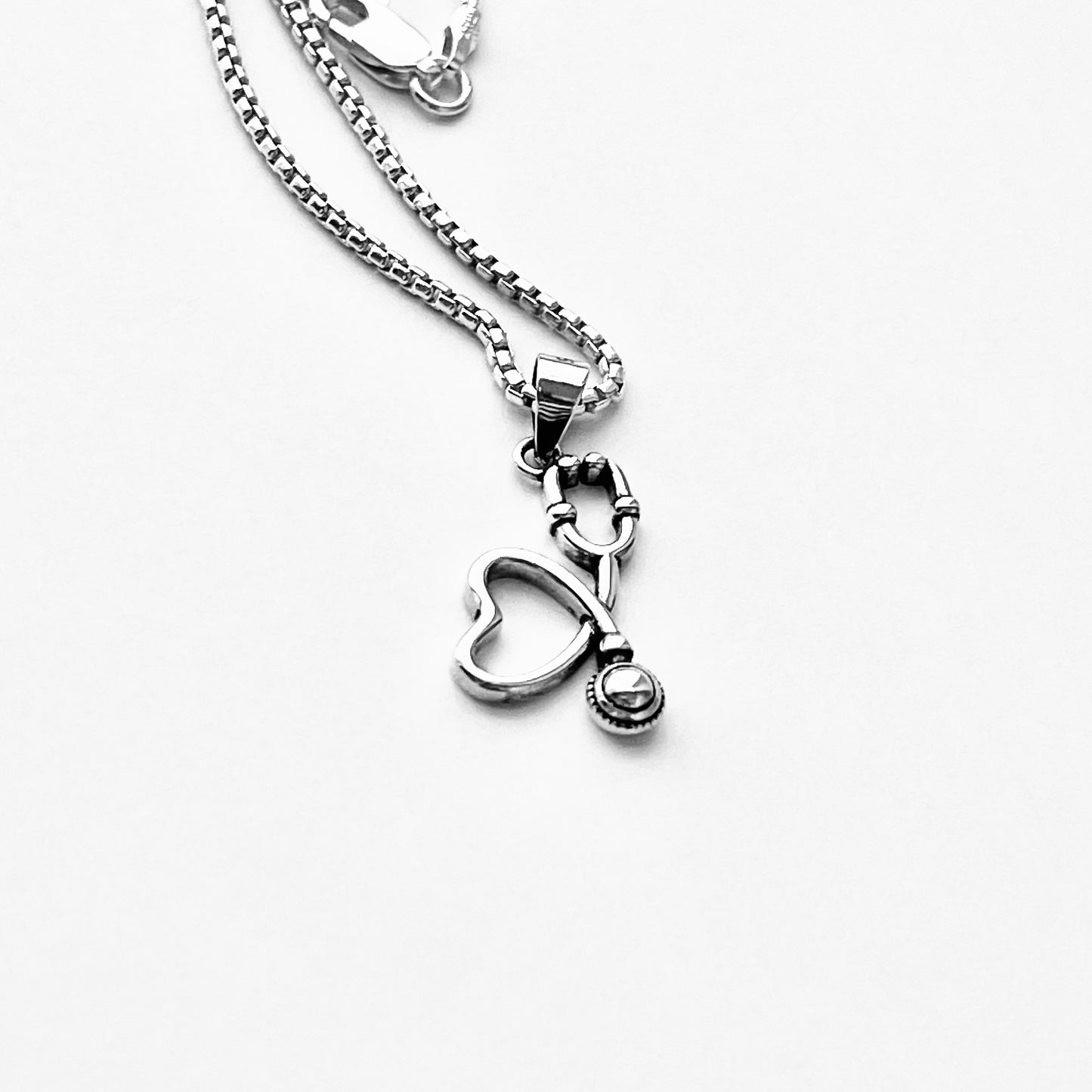 Sterling Silver Heart Stethoscope Necklace, Doctor Nurse Necklaces, Hearts, Silver Chain