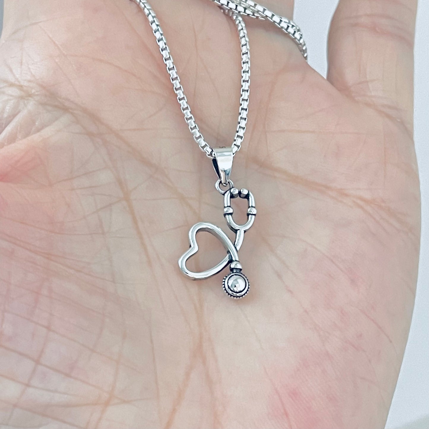 Sterling Silver Heart Stethoscope Necklace, Doctor Nurse Necklaces, Hearts, Silver Chain
