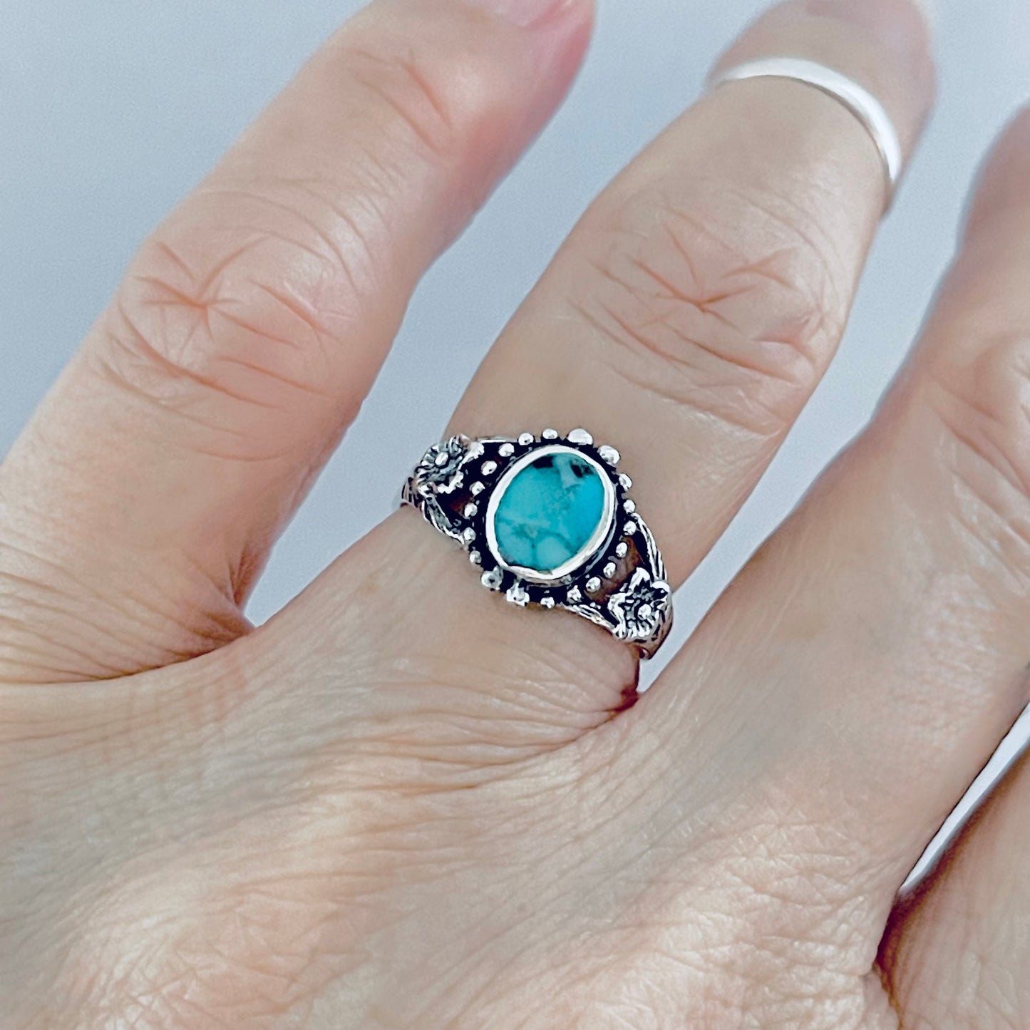 Sterling Silver Oval Genuine Turquoise Ring with Flowers, Dainty Rings, Stone Jewelry
