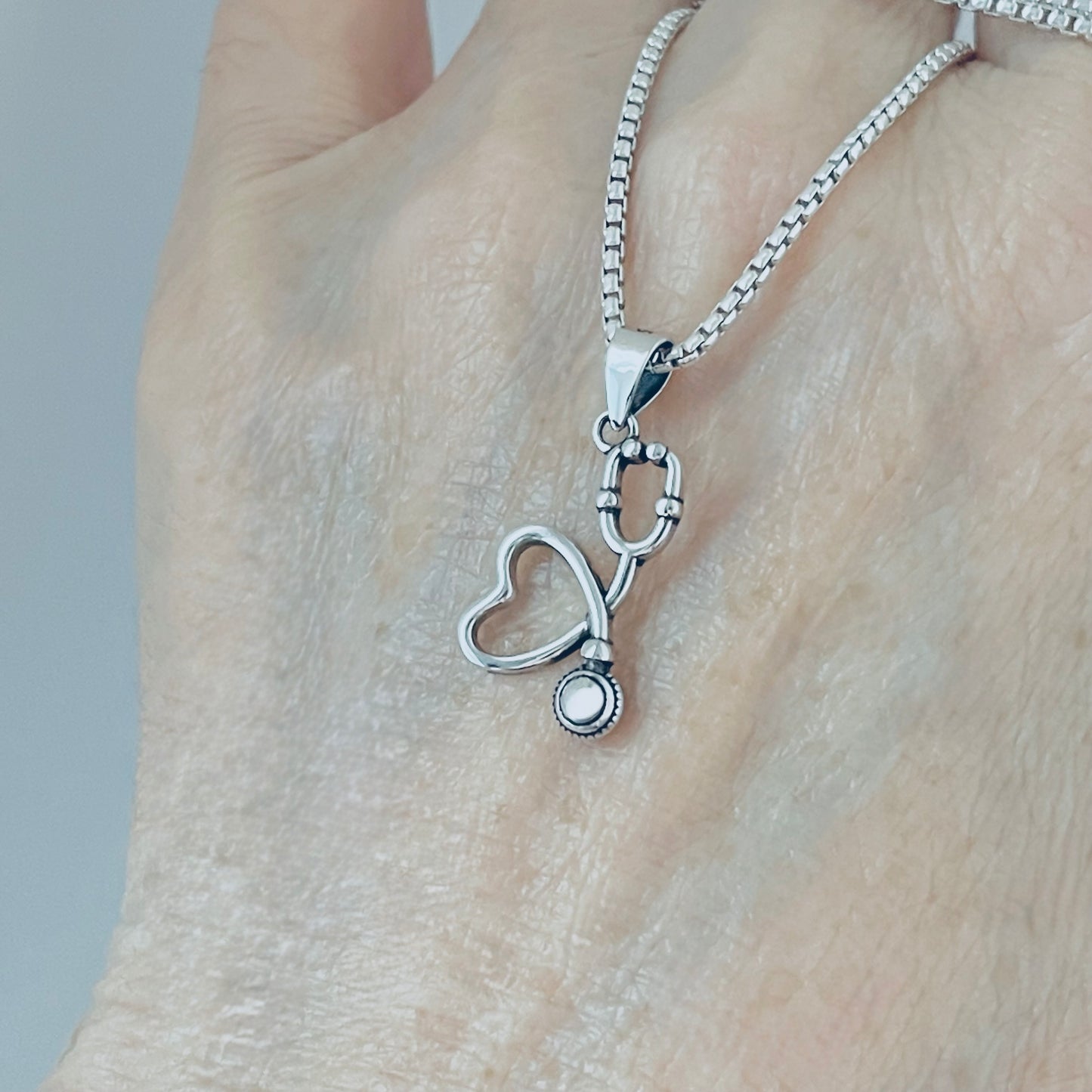 Sterling Silver Heart Stethoscope Necklace, Doctor Nurse Necklaces, Hearts, Silver Chain