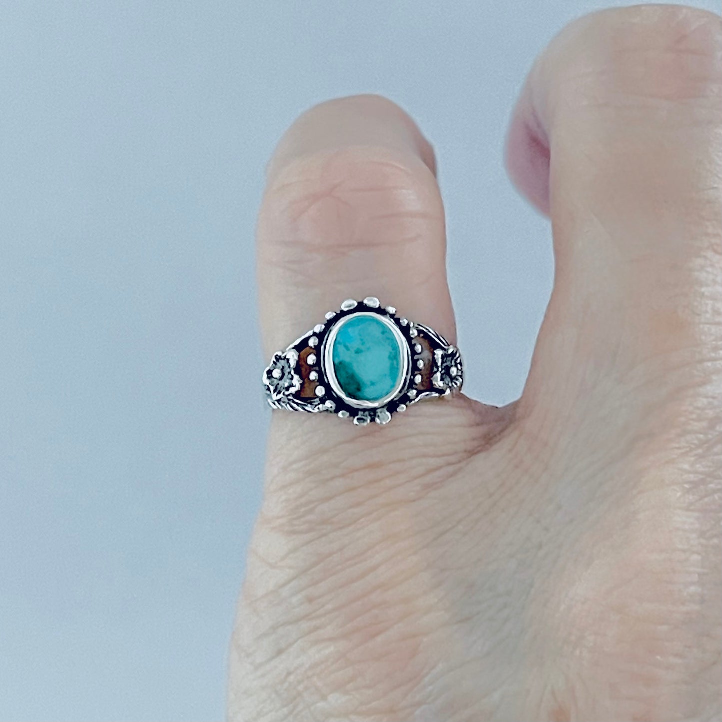Sterling Silver Oval Genuine Turquoise Ring with Flowers, Dainty Rings, Stone Jewelry