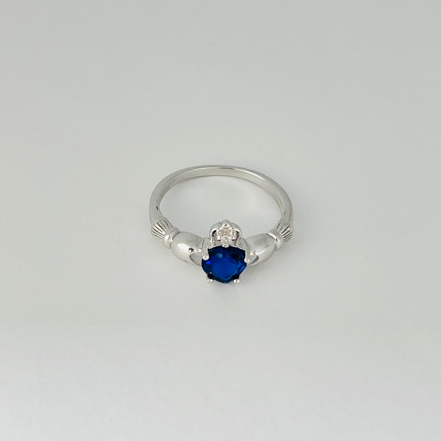 Sterling Silver Sapphire CZ Heart Claddagh Ring, September Birthstone Silver Ring