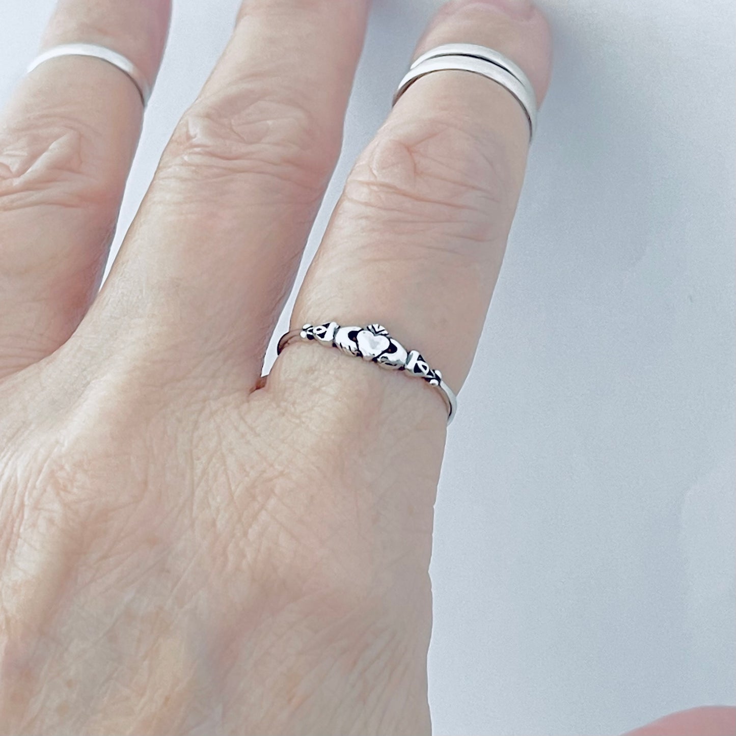 Sterling Silver Tiny Irish Claddagh Ring – Minimalist Heart Crown Friendship Rings