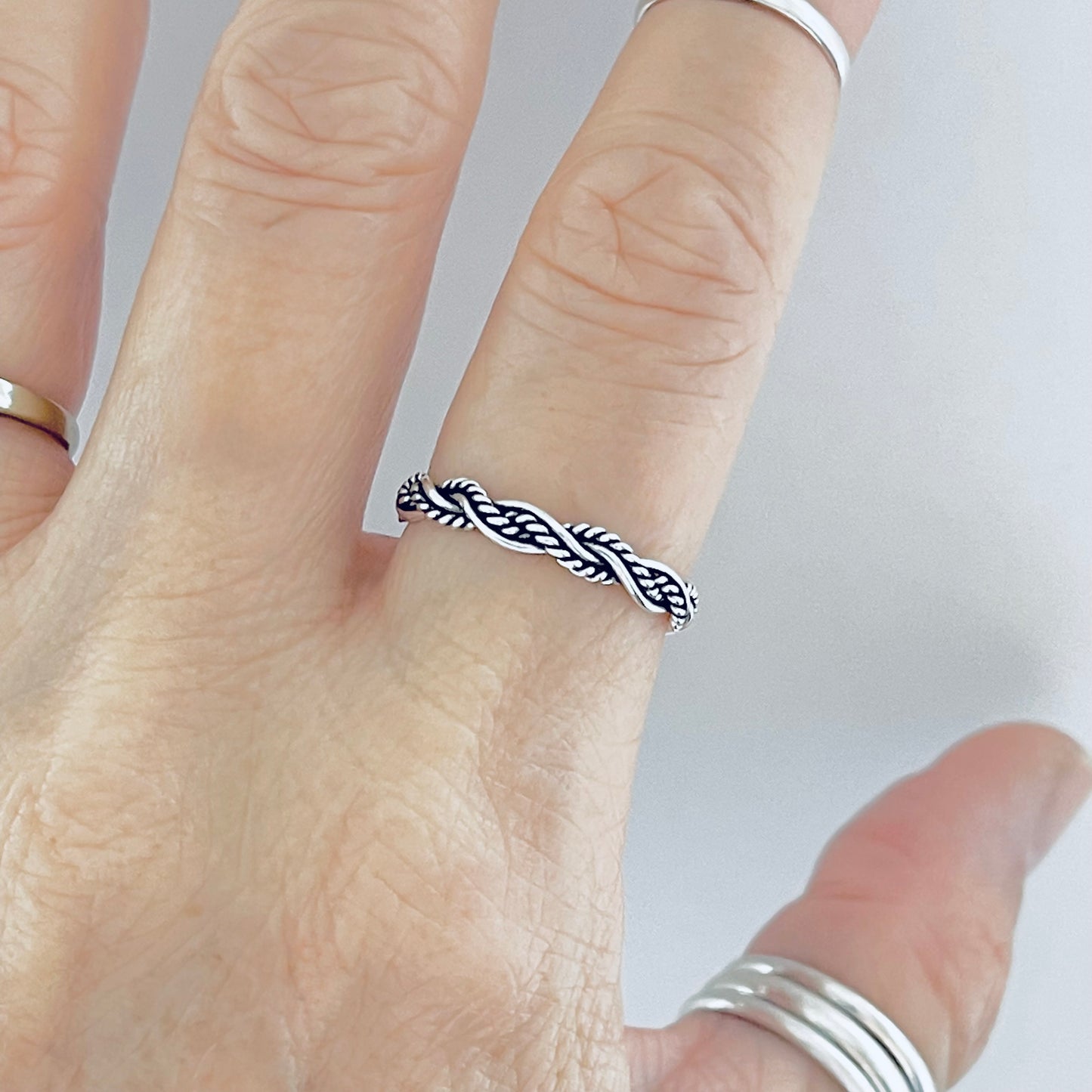 Sterling Silver Unisex Twisted Rope Ring, Stackable Rings, Braided Band