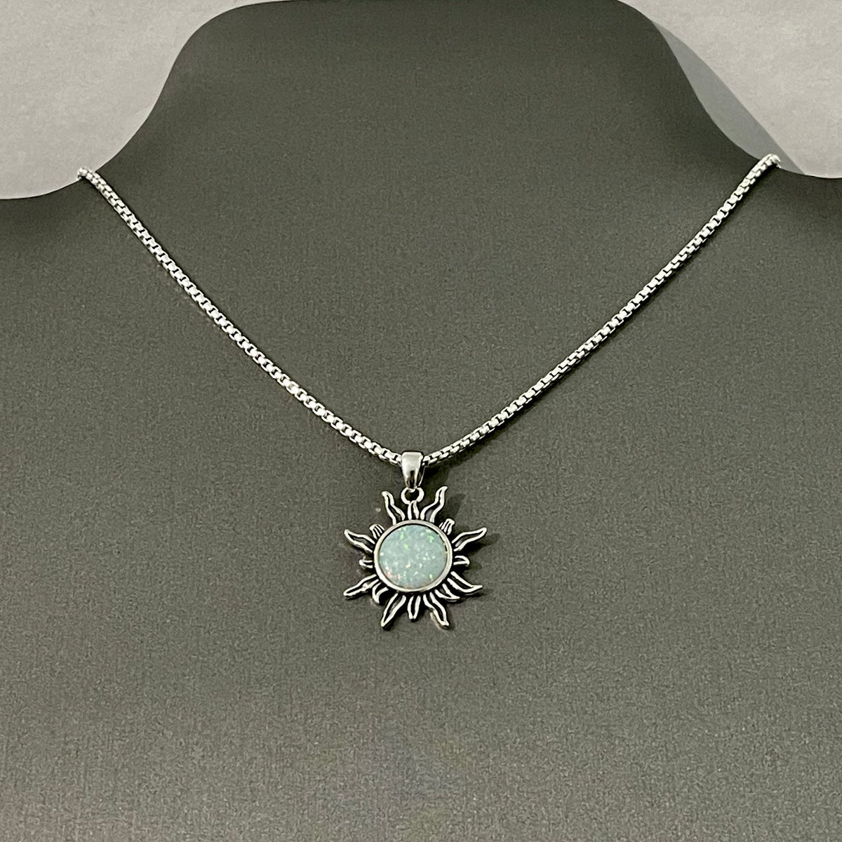 925 Sterling Silver White Lab Opal Blazing Sun Necklace | October Birthstone Sunshine Pendant Chain
