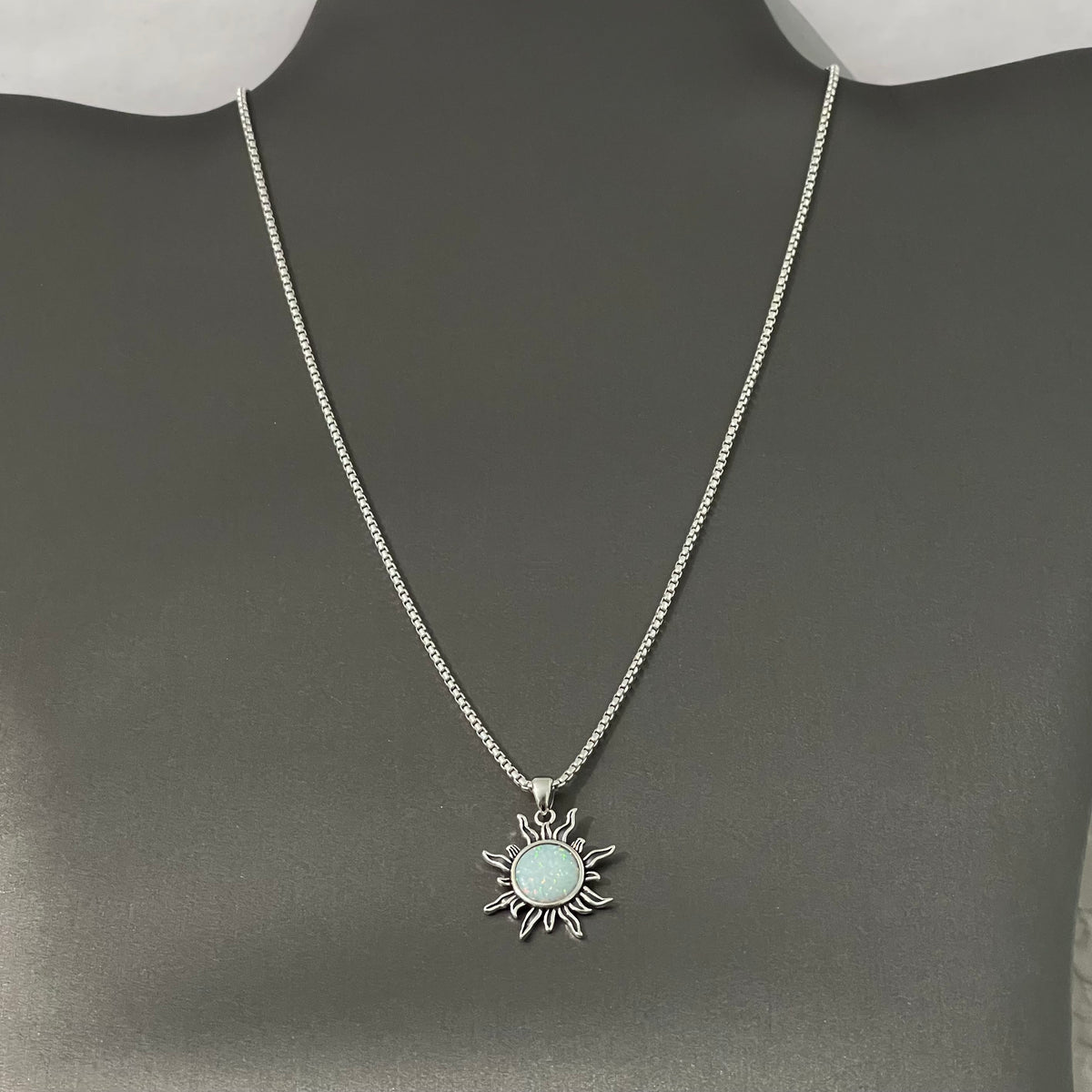 925 Sterling Silver White Lab Opal Blazing Sun Necklace | October Birthstone Sunshine Pendant Chain