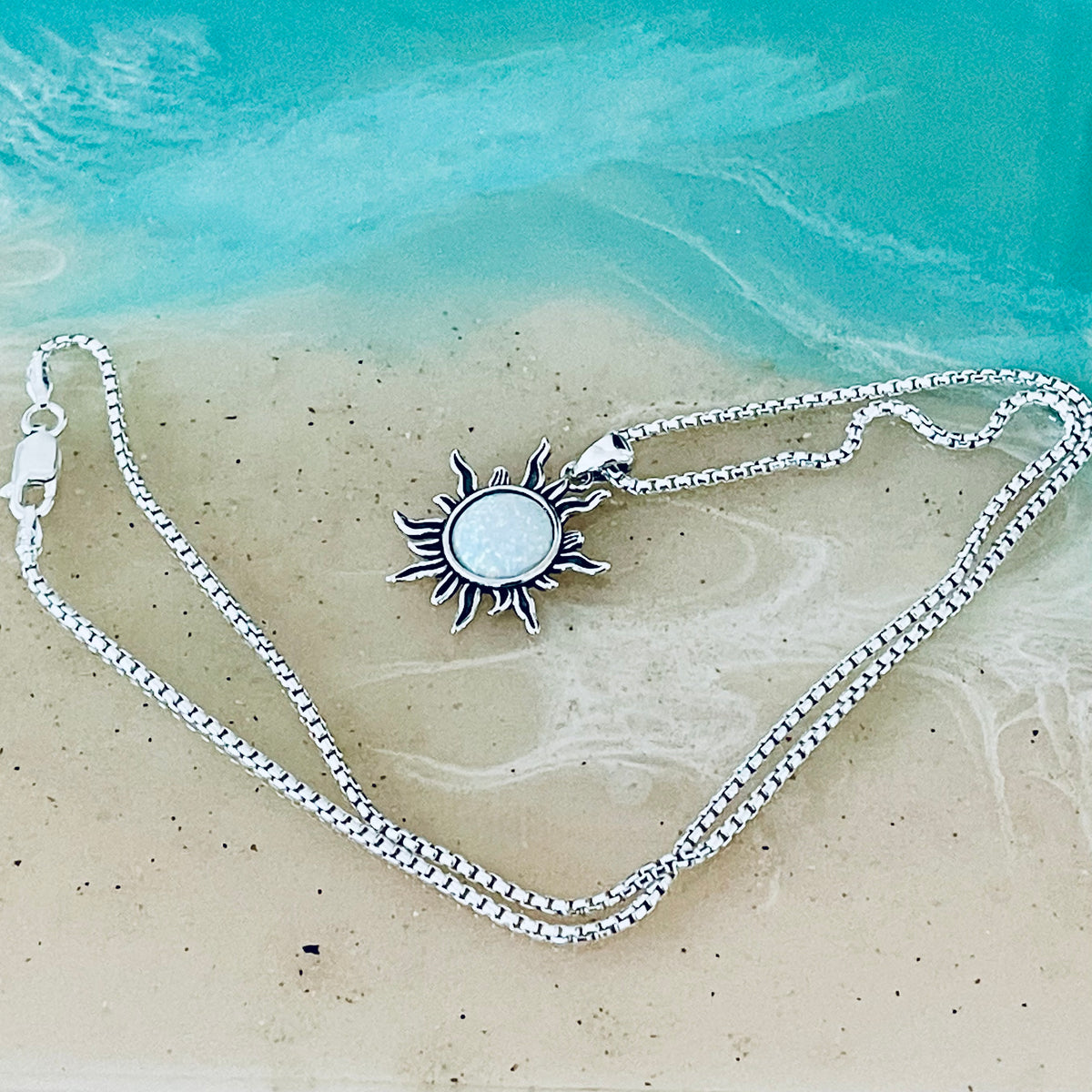 925 Sterling Silver White Lab Opal Blazing Sun Necklace | October Birthstone Sunshine Pendant Chain