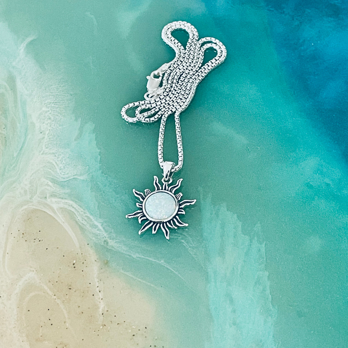 925 Sterling Silver White Lab Opal Blazing Sun Necklace | October Birthstone Sunshine Pendant Chain