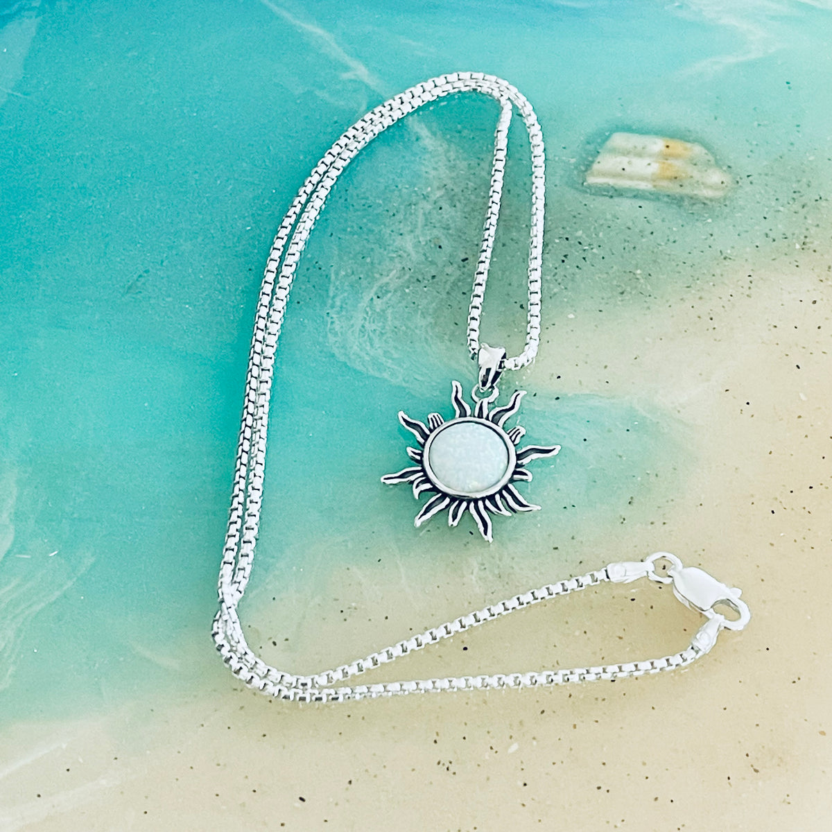 925 Sterling Silver White Lab Opal Blazing Sun Necklace | October Birthstone Sunshine Pendant Chain