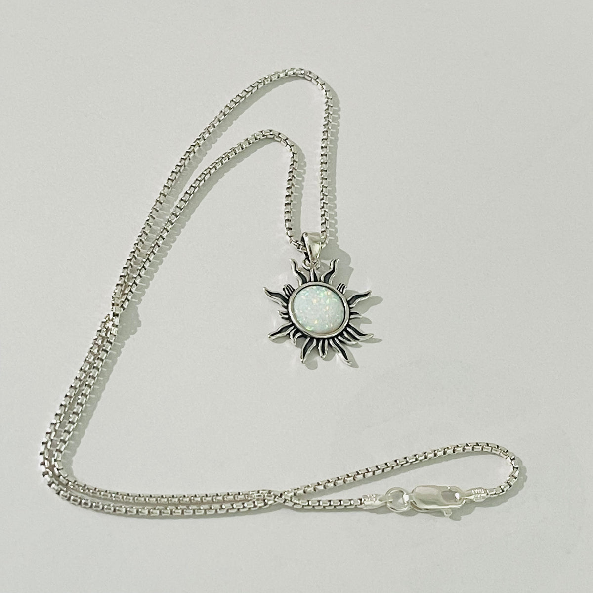 925 Sterling Silver White Lab Opal Blazing Sun Necklace | October Birthstone Sunshine Pendant Chain