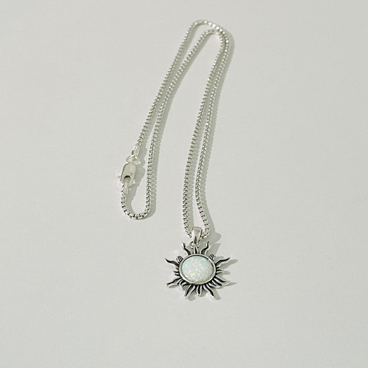 925 Sterling Silver White Lab Opal Blazing Sun Necklace | October Birthstone Sunshine Pendant Chain