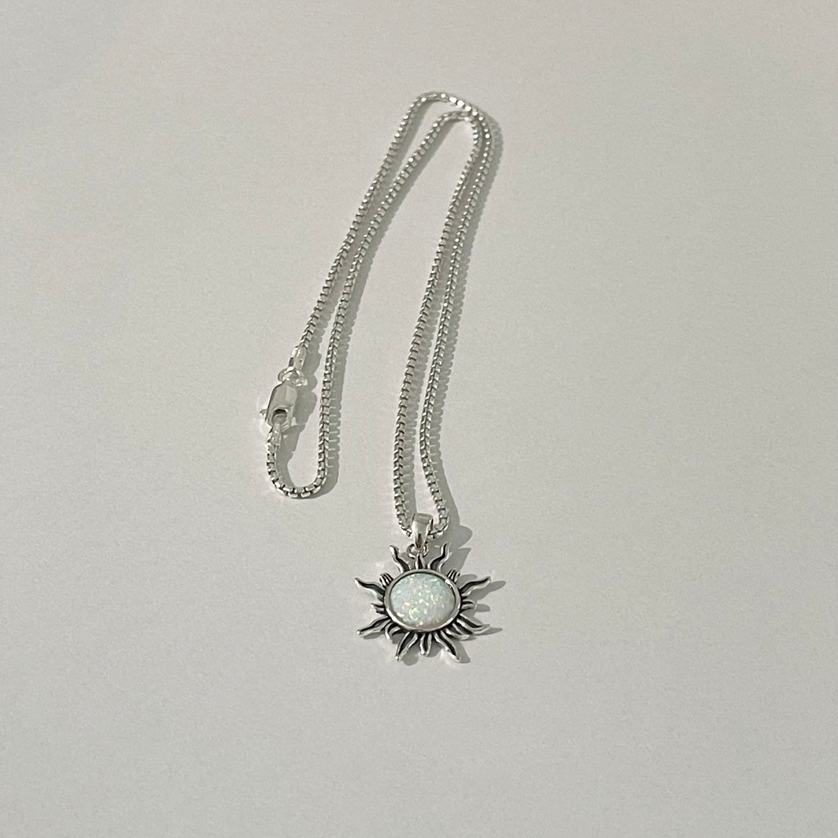 925 Sterling Silver White Lab Opal Blazing Sun Necklace | October Birthstone Sunshine Pendant Chain