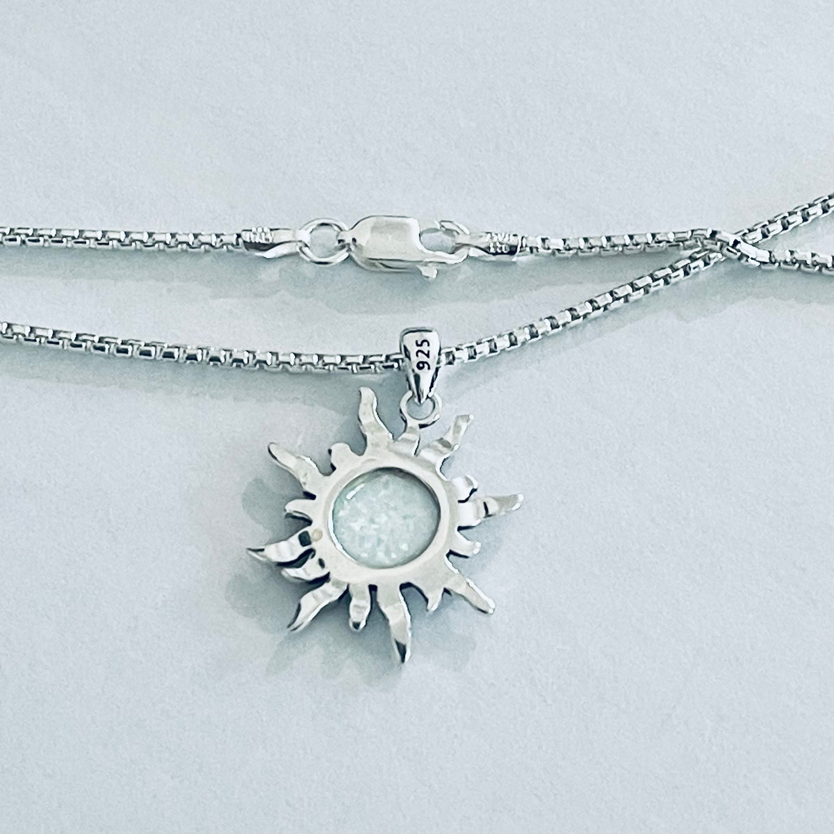925 Sterling Silver White Lab Opal Blazing Sun Necklace | October Birthstone Sunshine Pendant Chain
