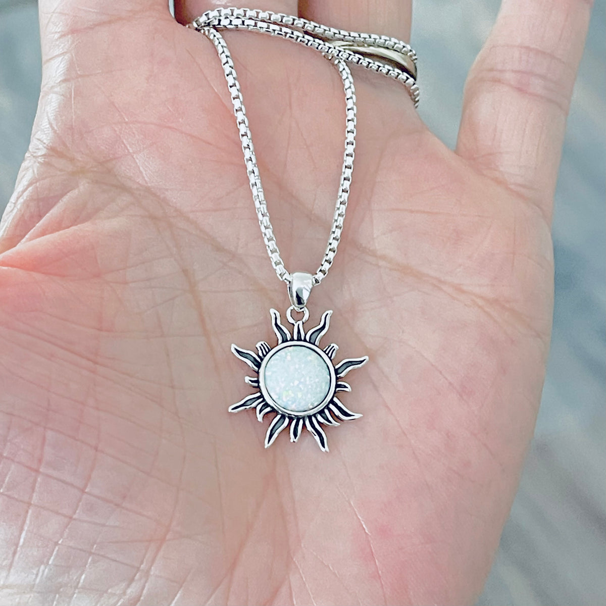 925 Sterling Silver White Lab Opal Blazing Sun Necklace | October Birthstone Sunshine Pendant Chain