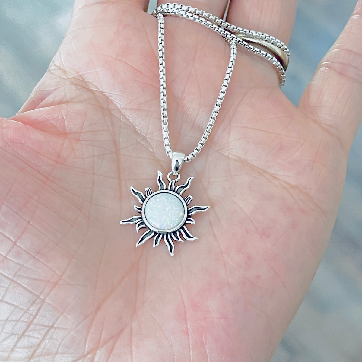 925 Sterling Silver White Lab Opal Blazing Sun Necklace | October Birthstone Sunshine Pendant Chain
