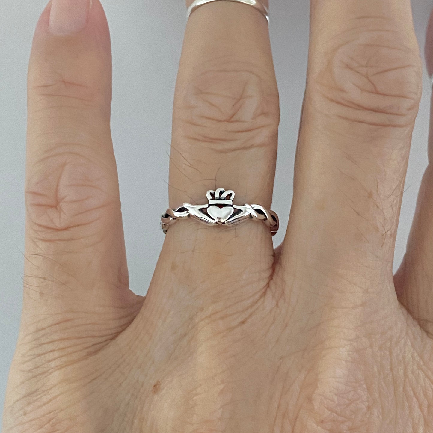 Sterling Silver Little Irish Claddagh Ring with Braided Band, Minimalist Heart Silver Ring