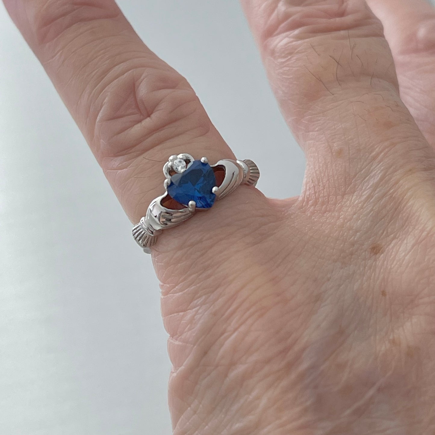 Sterling Silver Sapphire CZ Heart Claddagh Ring, September Birthstone Silver Ring