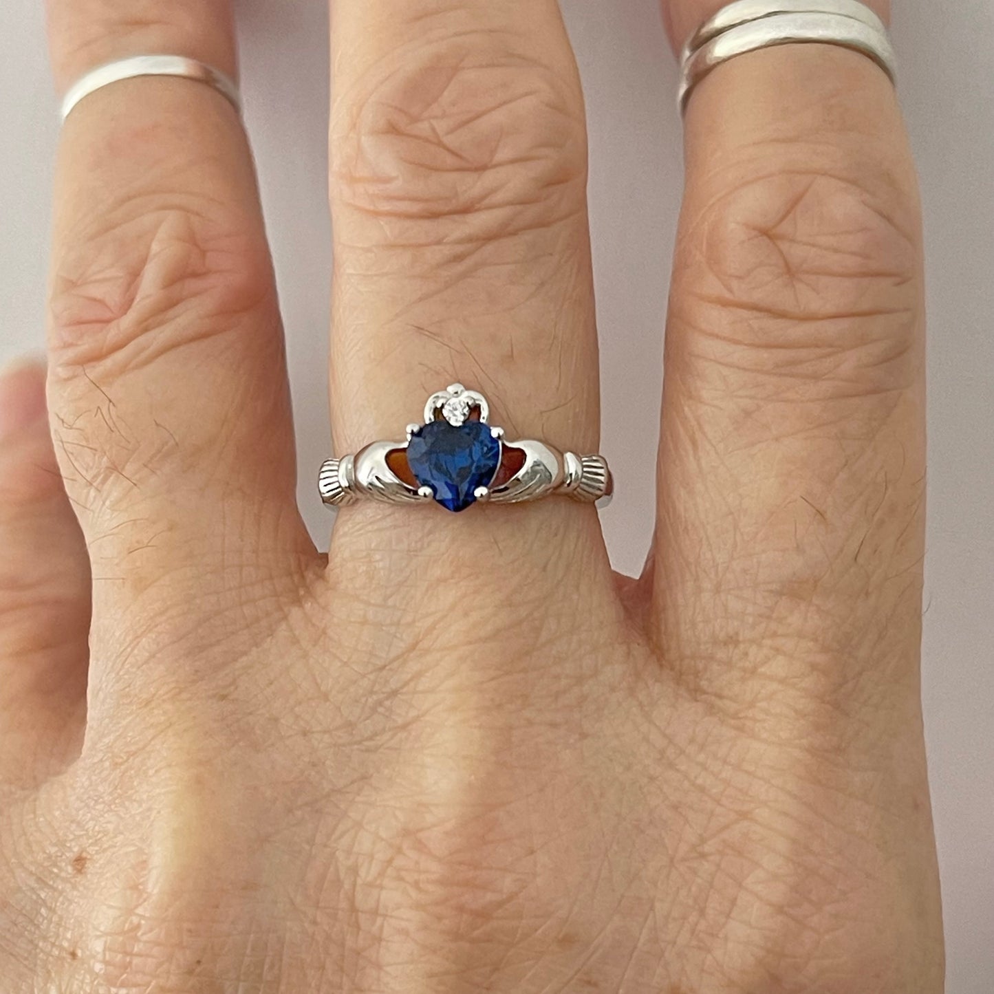 Sterling Silver Sapphire CZ Heart Claddagh Ring, September Birthstone Silver Ring