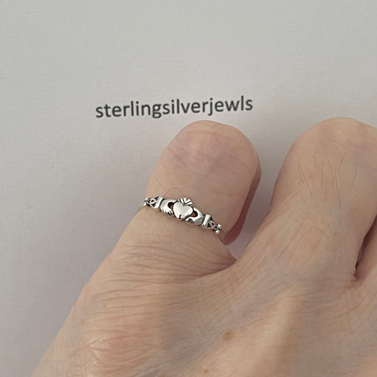 Sterling Silver Tiny Irish Claddagh Ring, Minimalist Heart Silver Ring