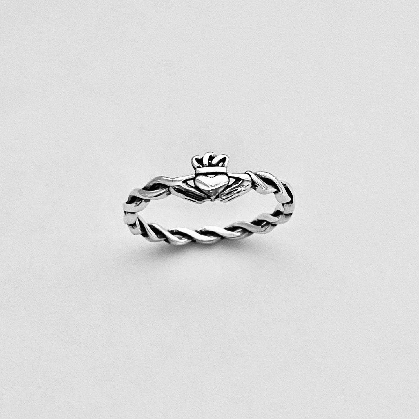 Sterling Silver Little Irish Claddagh Ring with Braided Band, Minimalist Heart Silver Ring