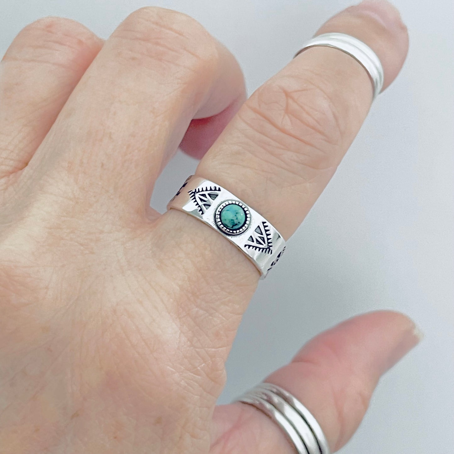 Sterling Silver Small Genuine Turquoise Aztec Design Band Ring – Unisex Wedding Rings