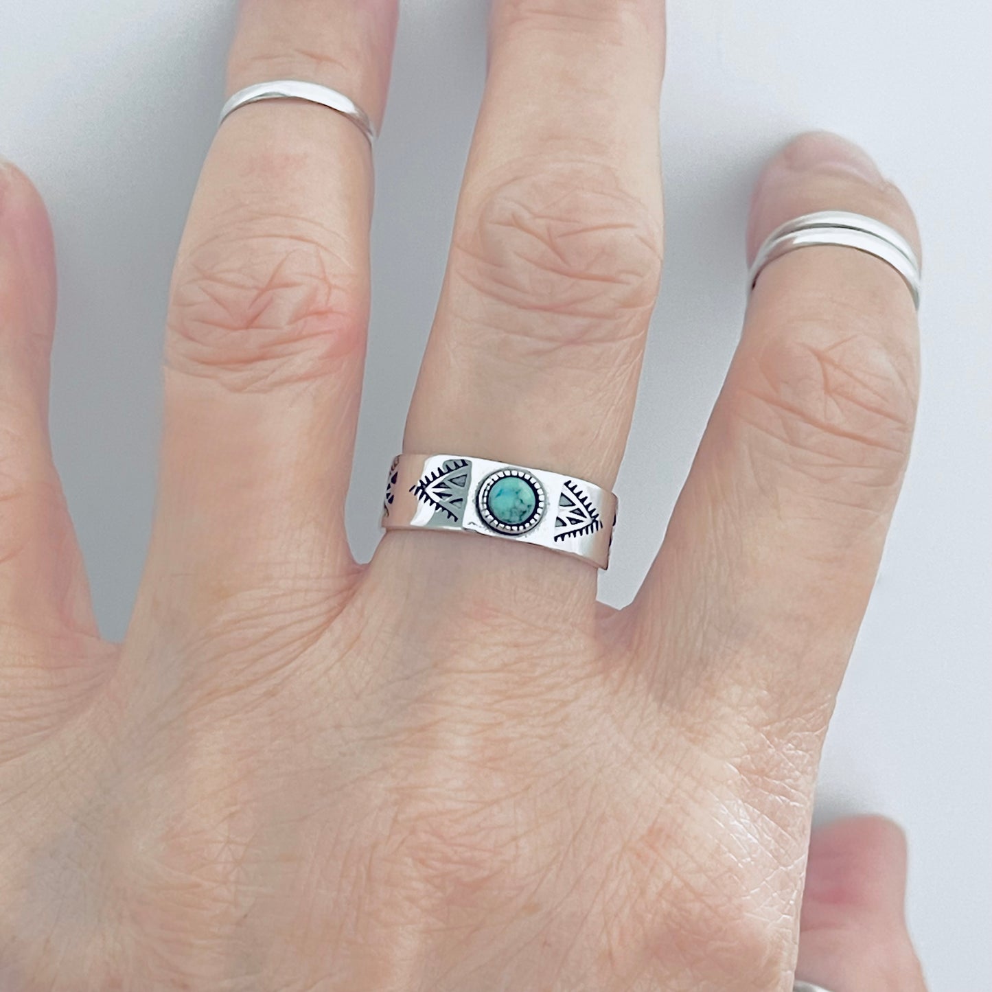 Sterling Silver Small Genuine Turquoise Aztec Design Band Ring – Unisex Wedding Rings