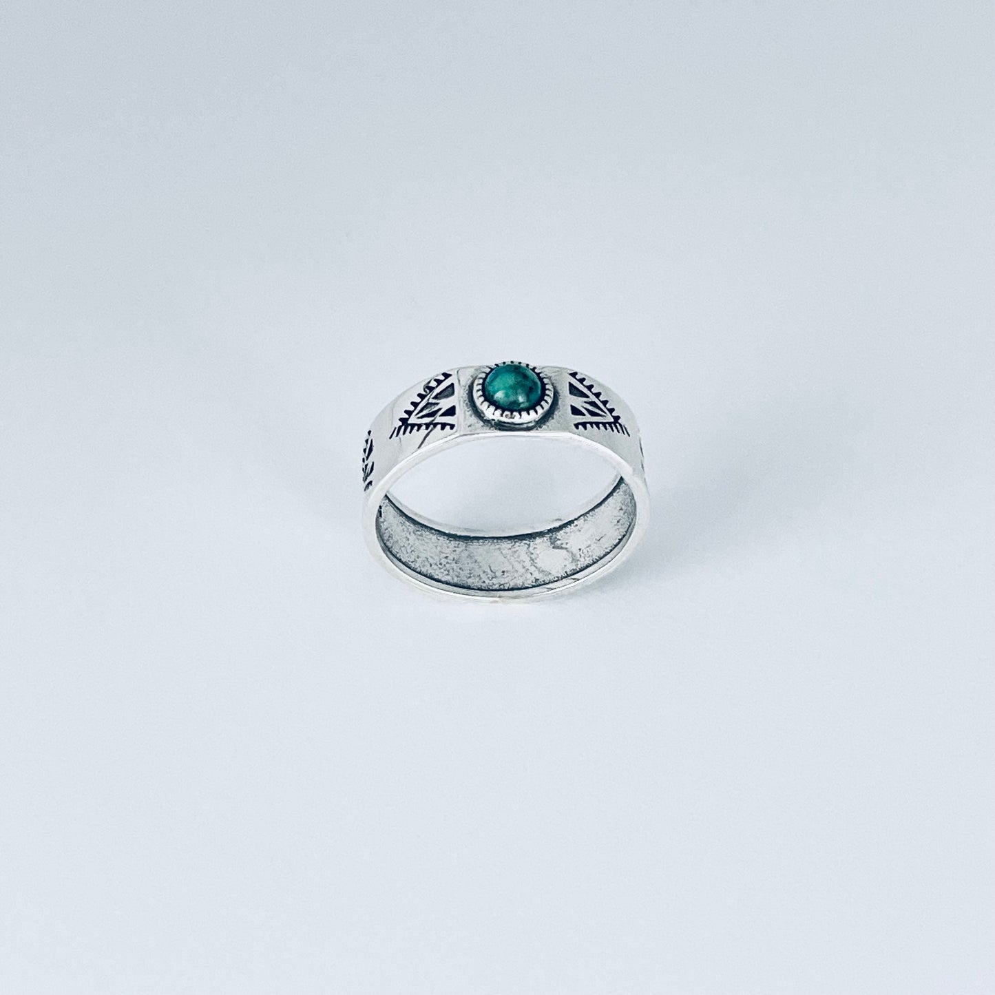 Sterling Silver Small Genuine Turquoise Aztec Design Band Ring – Unisex Wedding Rings