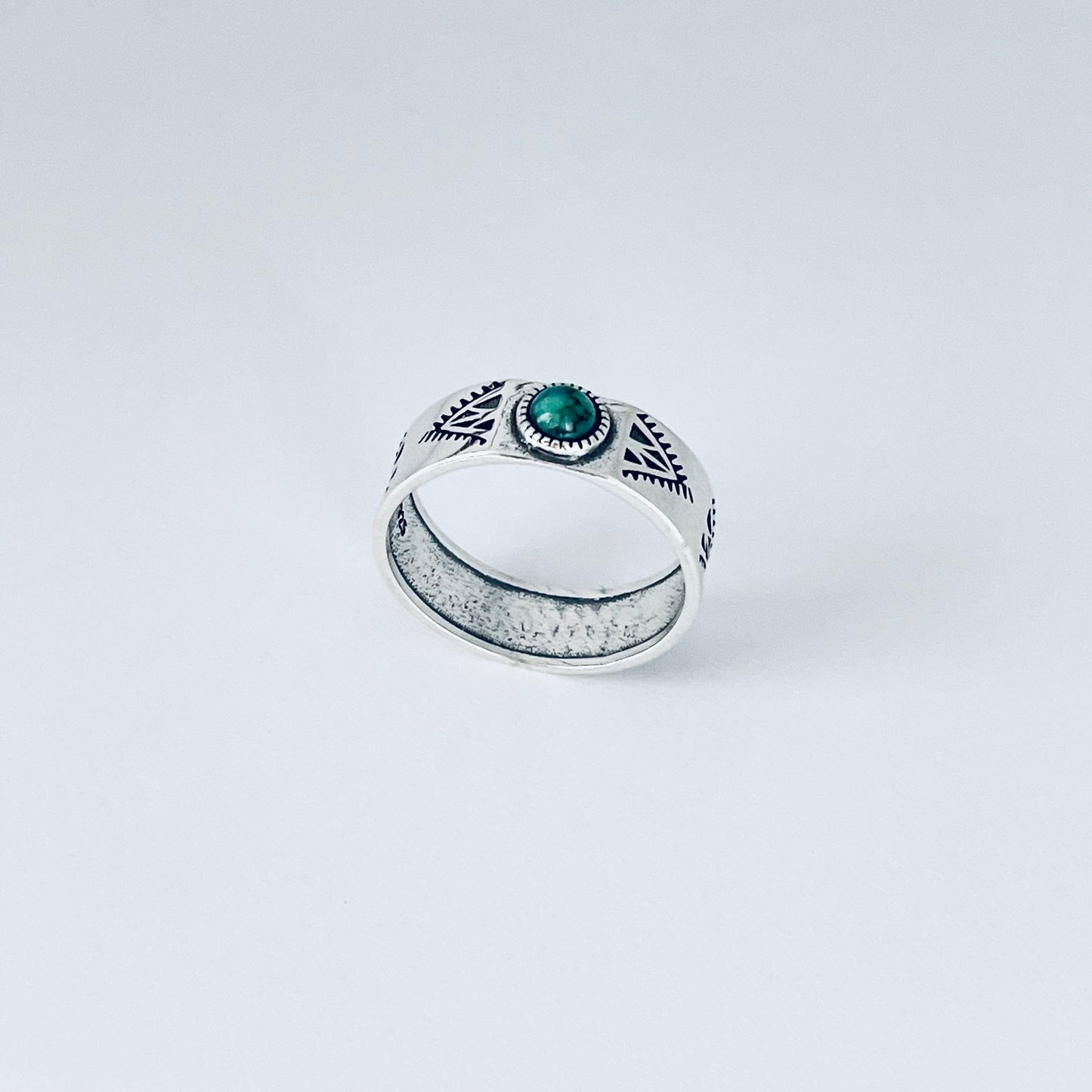 Sterling Silver Small Genuine Turquoise Aztec Design Band Ring – Unisex Wedding Rings