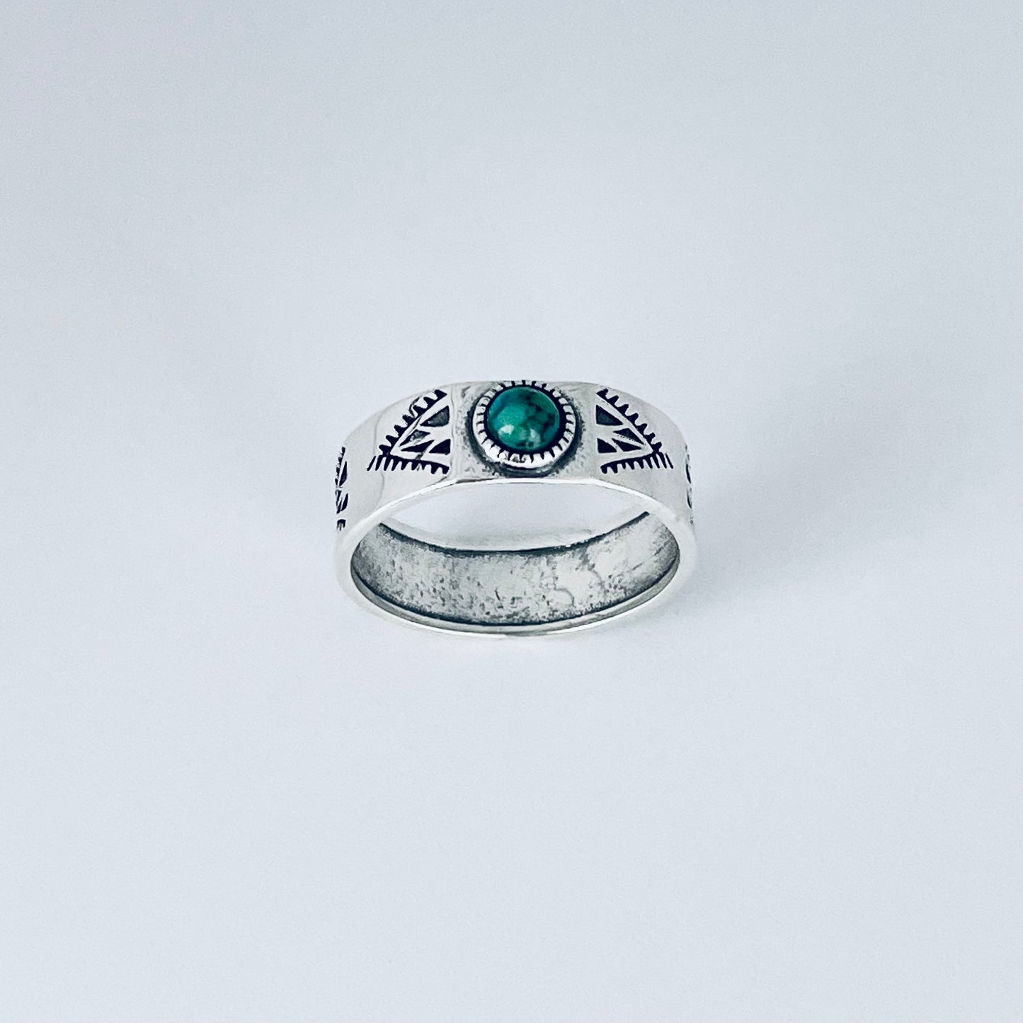 Sterling Silver Small Genuine Turquoise Aztec Design Band Ring – Unisex Wedding Rings