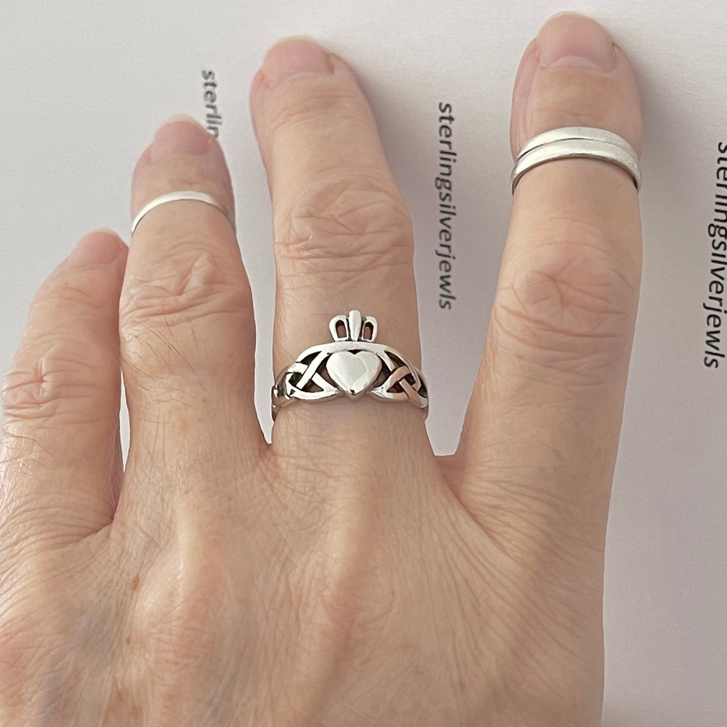 Sterling Silver Celtic with Irish Claddagh Ring, Heart Silver Ring