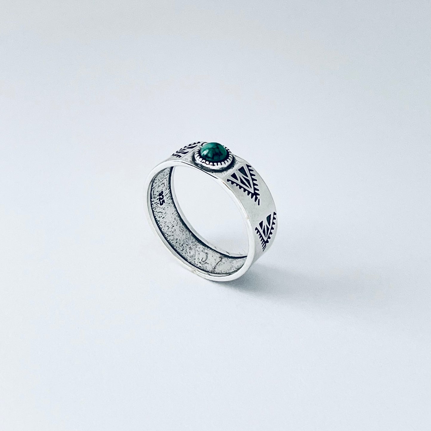 Sterling Silver Small Genuine Turquoise Aztec Design Band Ring – Unisex Wedding Rings