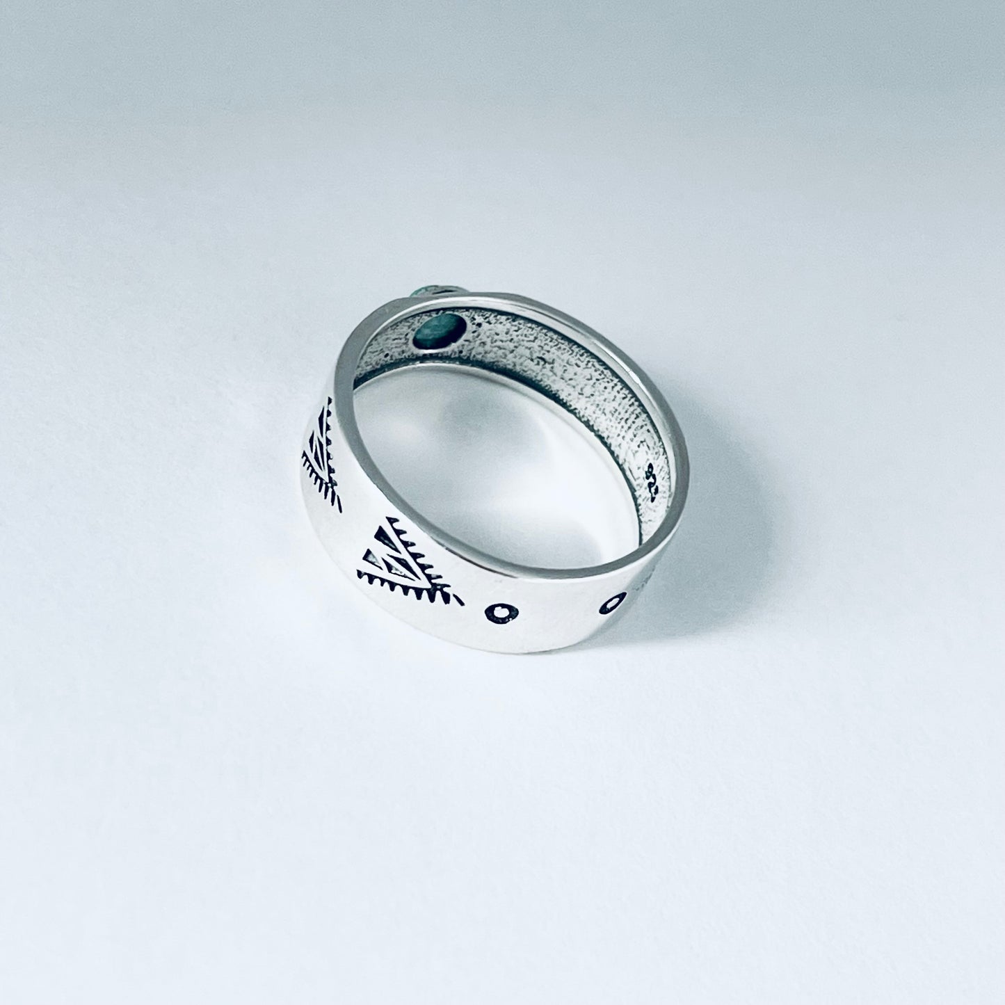 Sterling Silver Small Genuine Turquoise Aztec Design Band Ring – Unisex Wedding Rings