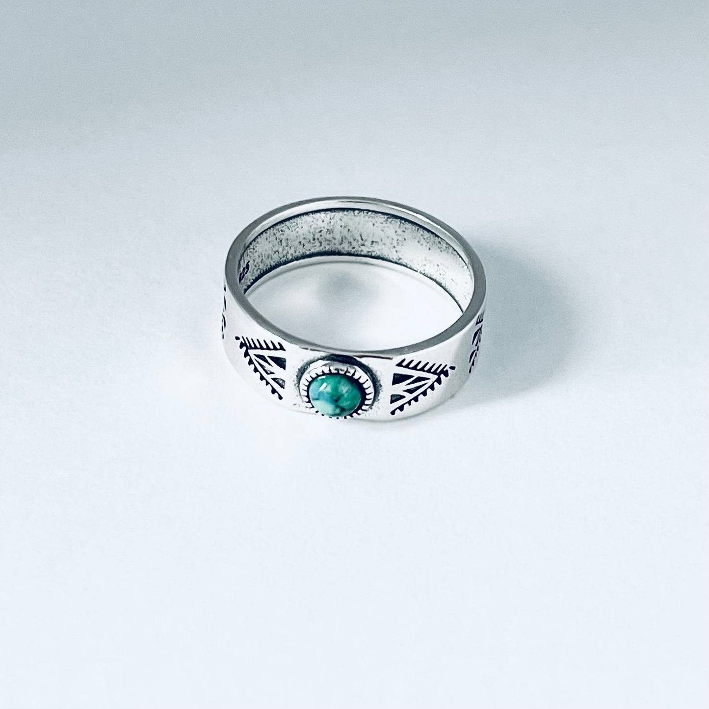 Sterling Silver Small Genuine Turquoise Aztec Design Band Ring – Unisex Wedding Rings