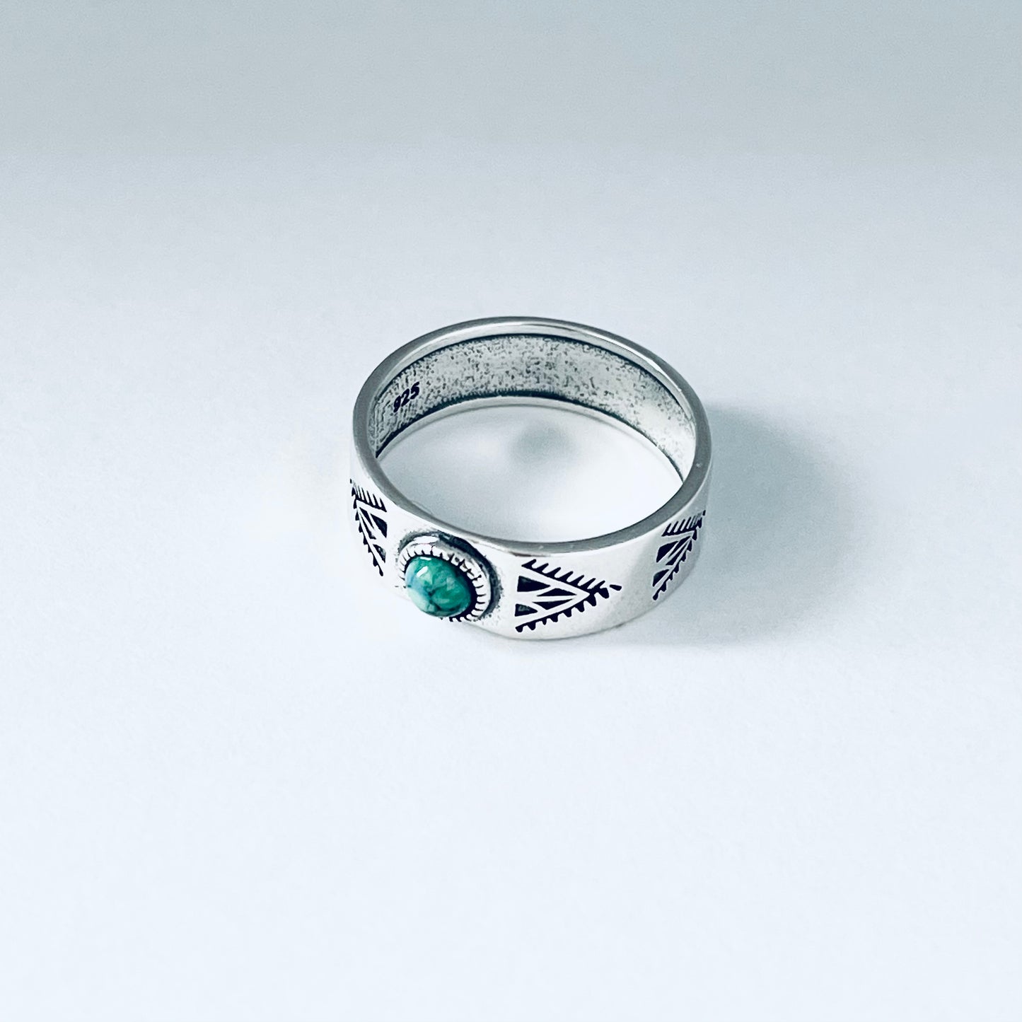Sterling Silver Small Genuine Turquoise Aztec Design Band Ring – Unisex Wedding Rings