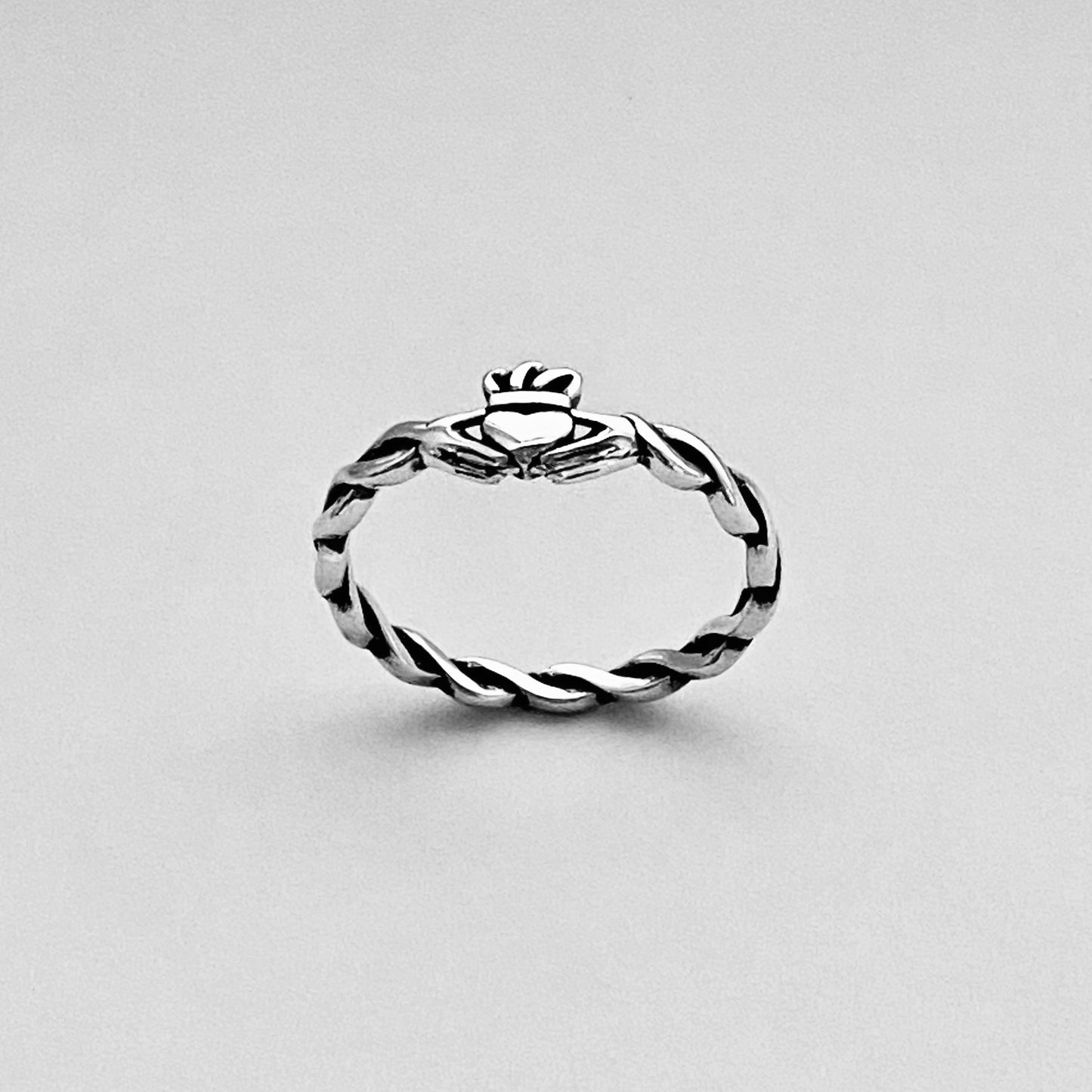 Sterling Silver Little Irish Claddagh Ring with Braided Band, Minimalist Heart Silver Ring