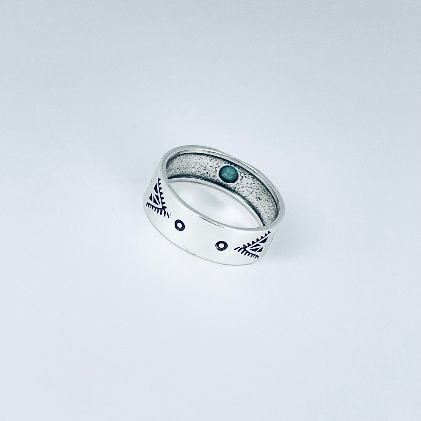 Sterling Silver Small Genuine Turquoise Aztec Design Band Ring – Unisex Wedding Rings