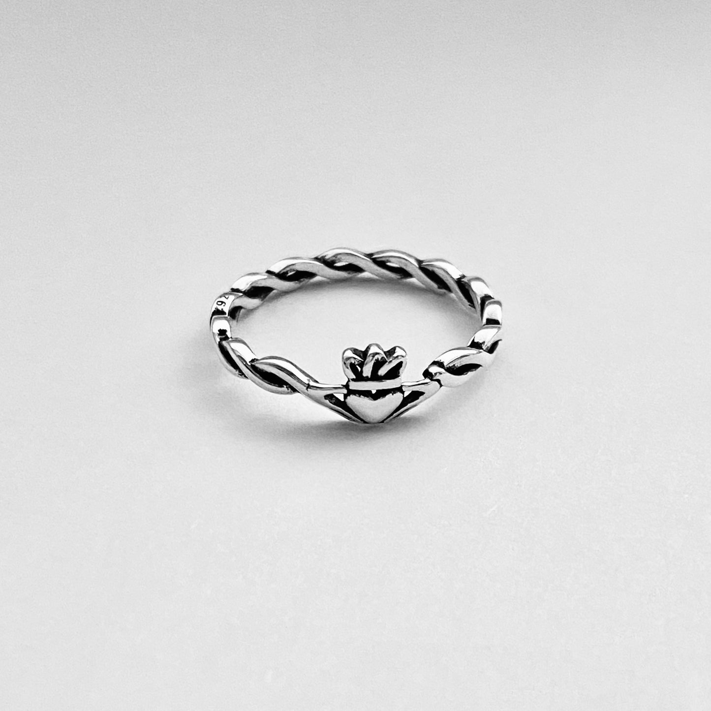 Sterling Silver Little Irish Claddagh Ring with Braided Band, Minimalist Heart Silver Ring