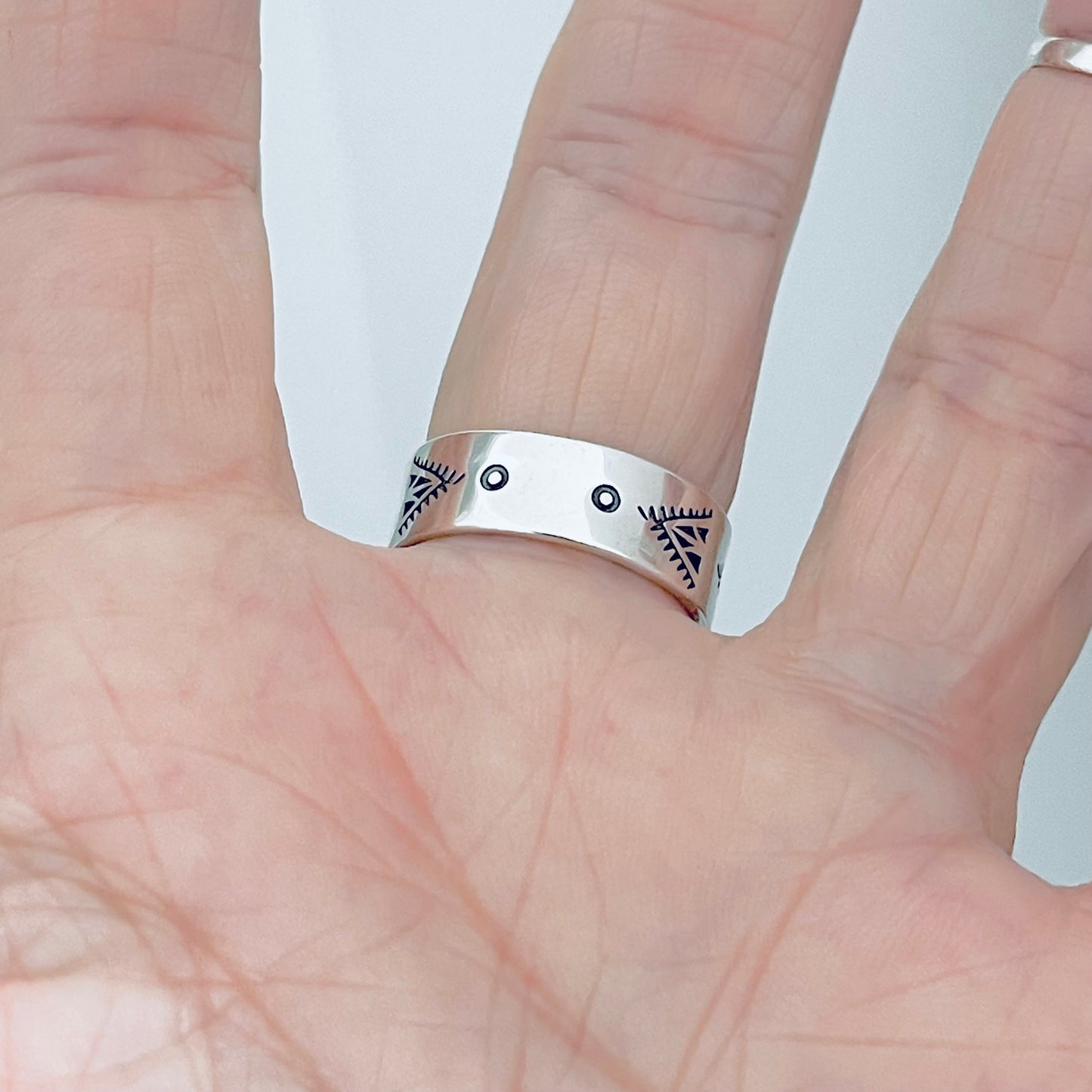 Sterling Silver Small Genuine Turquoise Aztec Design Band Ring – Unisex Wedding Rings
