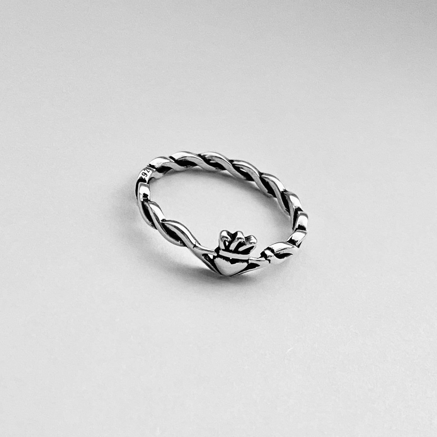 Sterling Silver Little Irish Claddagh Ring with Braided Band, Minimalist Heart Silver Ring