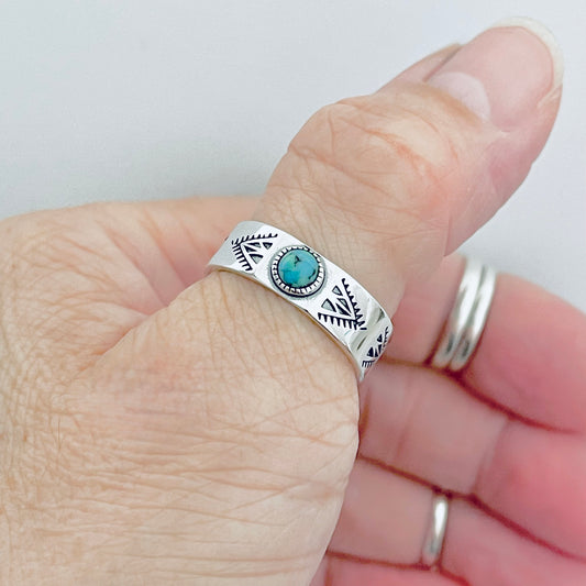 Sterling Silver Small Genuine Turquoise Aztec Design Band Ring – Unisex Wedding Rings