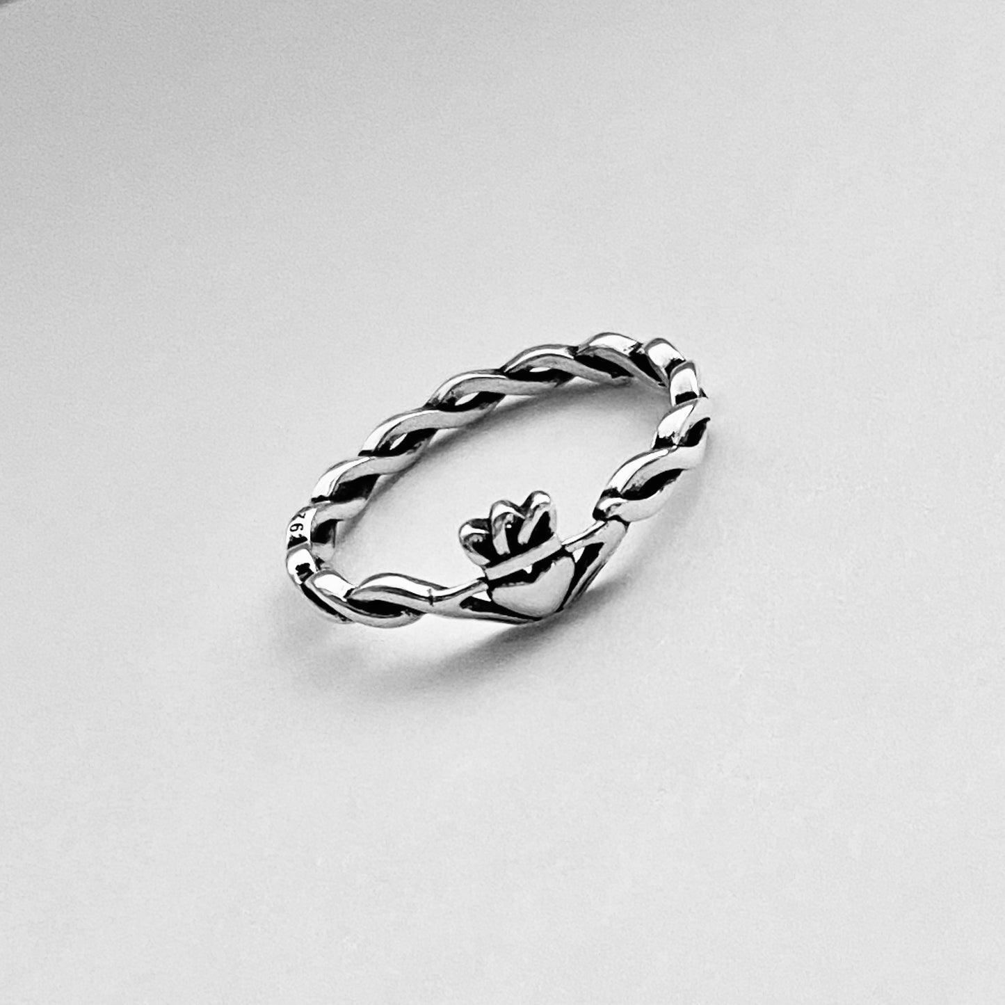 Sterling Silver Little Irish Claddagh Ring with Braided Band, Minimalist Heart Silver Ring