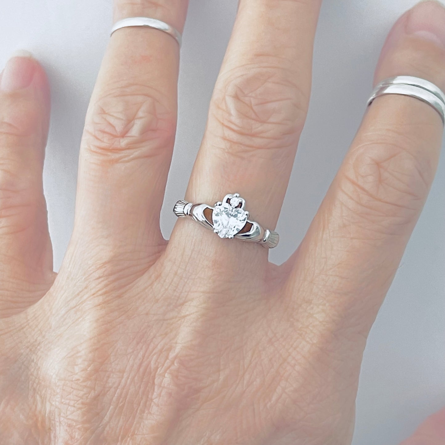 925 Sterling Silver Diamond CZ Heart Claddagh Ring | April Birthstone Irish Friendship Loyalty Rings